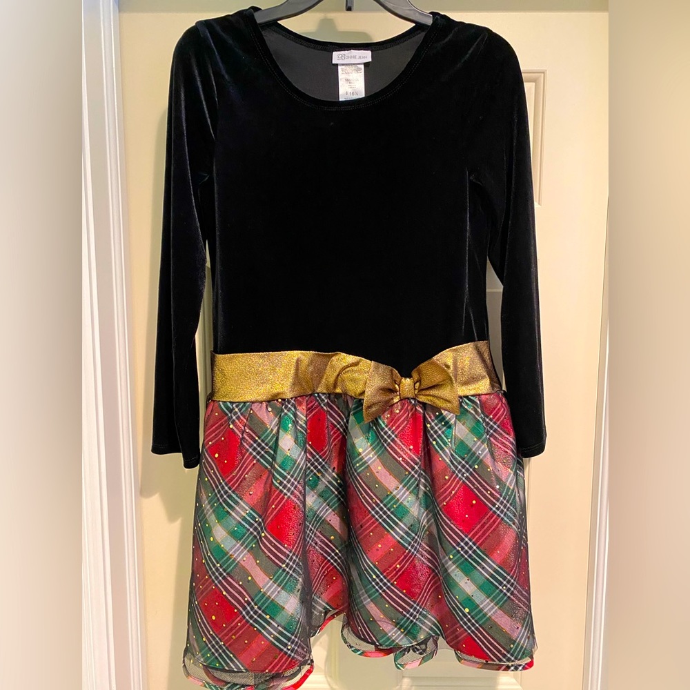 Girls Holiday Dress, Velour/Plaid/Metallic, Size 16 1/2